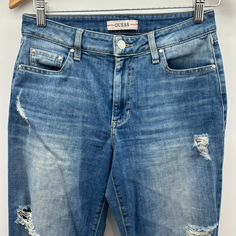 Guess‎ Jeans Womens 26 Blue Denim Distressed Mid Rise Cropped Straight Whisker